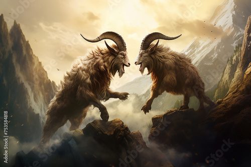 male goats fighting horns on a mountain cliff photo