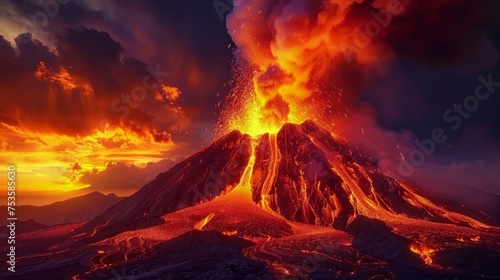 A spectacular sunset provides a dramatic backdrop to the violent eruption of a volcano, casting a fiery glow across the sky.