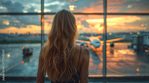 Woman facing sunset through airport window, contemplating planes on tarmac.