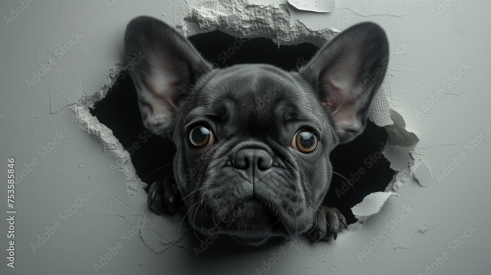 black french bulldog peeking out of the wall portrait