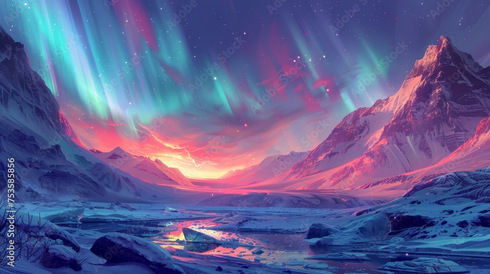Digital painting of the aurora borealis with a spectrum of colors lighting up the night sky over a snow-covered mountain valley.
