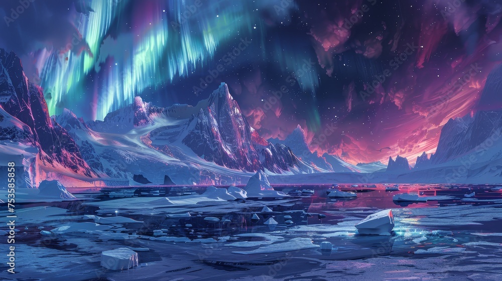 An otherworldly digital artwork capturing the stunning display of aurora borealis over a glacial arctic landscape under a starlit sky.