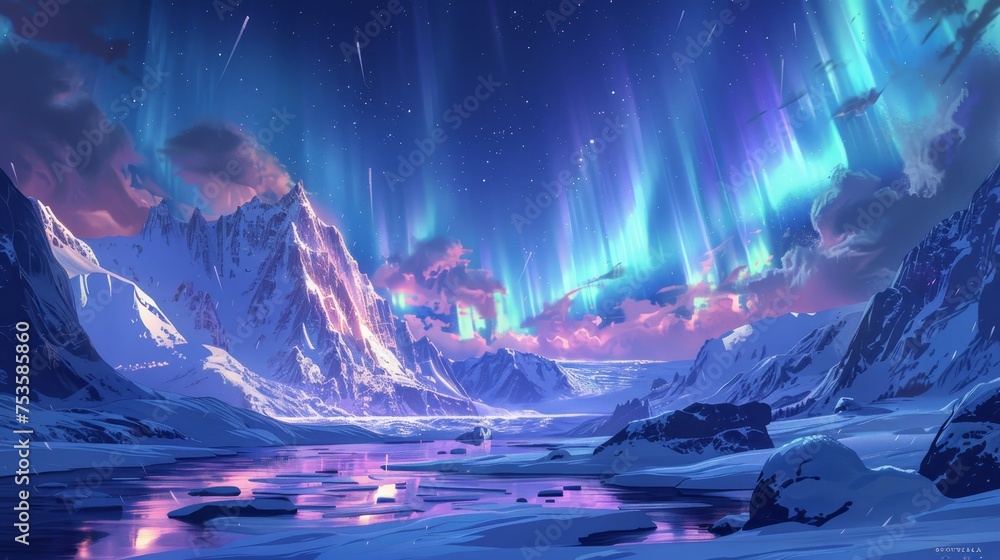 The breathtaking spectacle of northern lights in a myriad of colors above a tranquil frozen mountain valley and icy river.