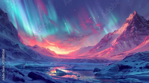 Digital painting of the aurora borealis with a spectrum of colors lighting up the night sky over a snow-covered mountain valley.