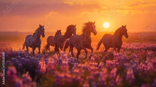 A herd of wild horses gallops through a field of blooming flowers at sunset, with warm golden light casting a soft glow.