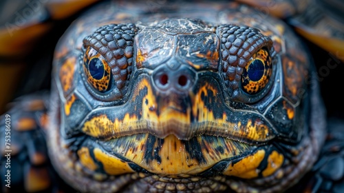 A macro photograph showcases the vibrant and textured details of a box turtle's face, emphasizing its unique eyes and patterned skin. © Sodapeaw