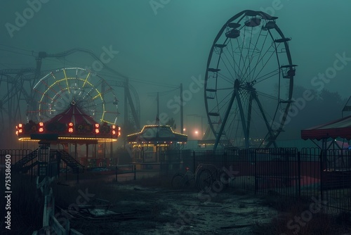 An amusement park at night illuminated by colorful lights  featuring a prominent ferris wheel spinning in the dark sky. Generative AI