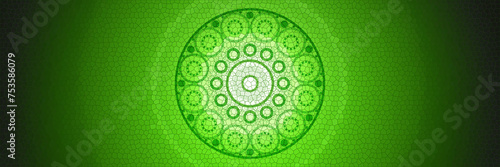 Glowing green color background, glass surface illustration, with graphic mandala elements, space for text
