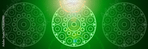Glowing green color background, glass surface illustration, with graphic mandala elements, space for text

