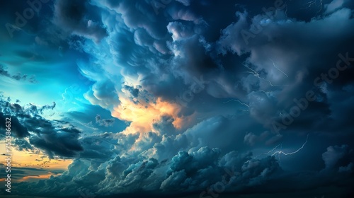 Dramatic, dark, blue cloudy sky overlay, Sky-overlays. Dramatic sky and lightning. Bad weather with dark clouds. Rain And Thunderstorm In Dramatic Sky