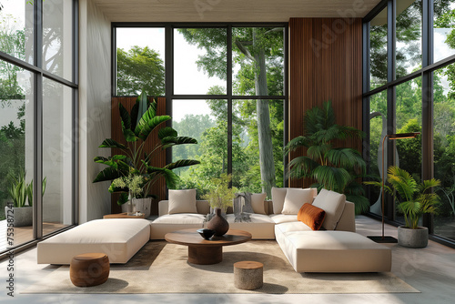 Interior design composition in living room with glass window and tropical plants