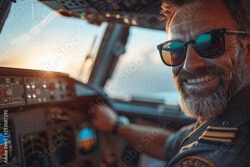 Smiling pilot in cockpit wearing sunglasses during golden hour photo