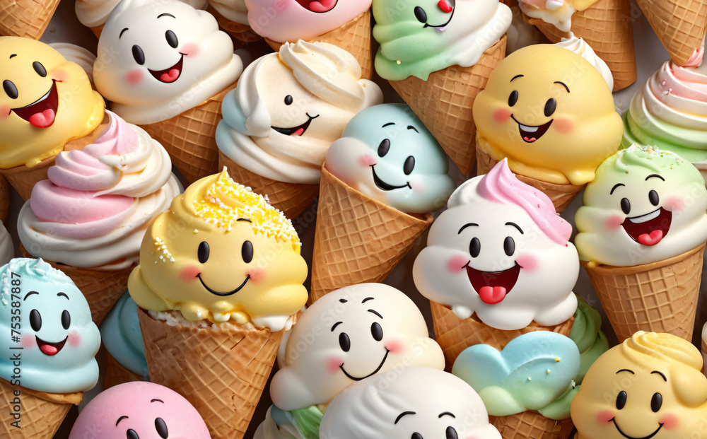 a lot of happy ice cream, cheerful, cute face, great mood a lot of happy ice cream, cheerful, cute face, great mood