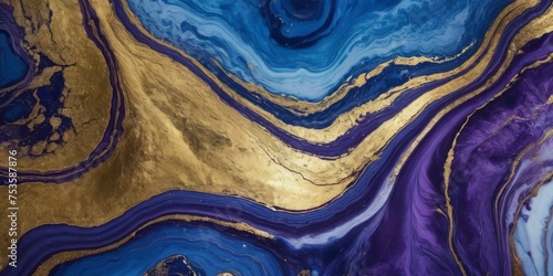Blue and purple marble and gold abstract background texture. Indigo ocean blue marbling style swirls of marble and gold powder