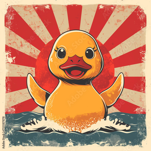 Retro Rubber Duck Against Sunburst Background