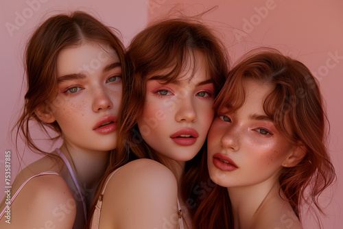 portrait of three brown-haired girls, with pink and brown makeup on a pink background, monochrome palette, the concept of light chic, advertising decorative cosmetics, fashion and beauty