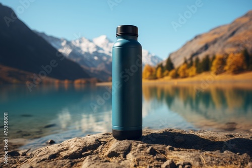 blue turquoise reusable water bottle mock up with black lid for hiking with mountains lake view. Reducing plastic waste eco concept.