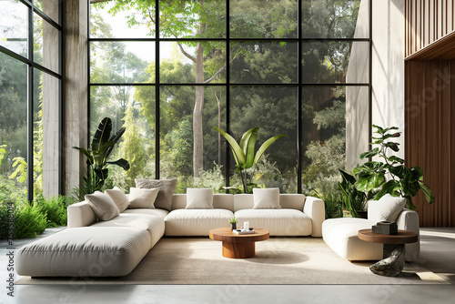 Interior design composition in living room with glass window and tropical plants © kanurism