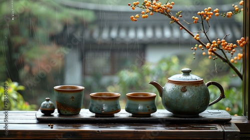 Tranquil tea set on wooden table overlooking a misty garden. simple ceramic teaware in natural setting. perfect for mindfulness themes. AI