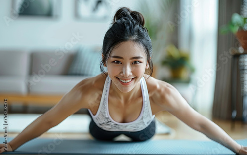 Young asian woman in sportswear doing pushups, full body portrait, smiling and looking at the camera while working out on a yoga mat indoors