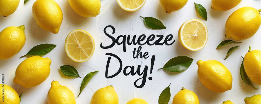 Fresh yellow lemons scattered around with green leaves and the motivational phrase "Squeeze the Day!" on a white surface, perfect for a healthy lifestyle blog or a juice bar advertisement. - obrazy, fototapety, plakaty 