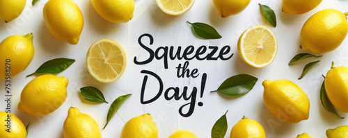 Fresh yellow lemons scattered around with green leaves and the motivational phrase 