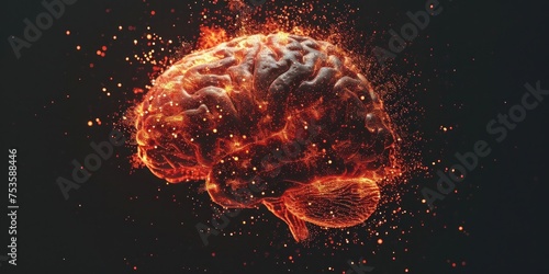 digital human brain with orange splash glow, artificial intelligence, black background, technology, banner