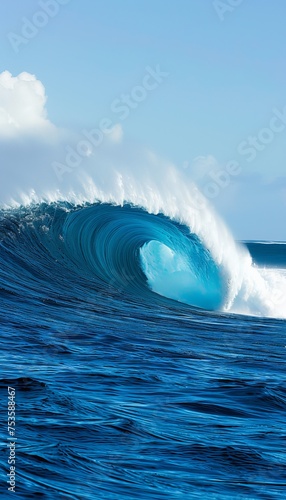 Magnificent side view of a colossal ocean wave crashing dramatically under a vibrant blue sky
