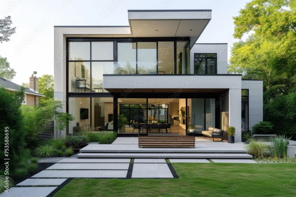 A modern minimalist house tucked away in a bustling city neighborhood A modern minimalist house tucked away in a bustling city neighborhood