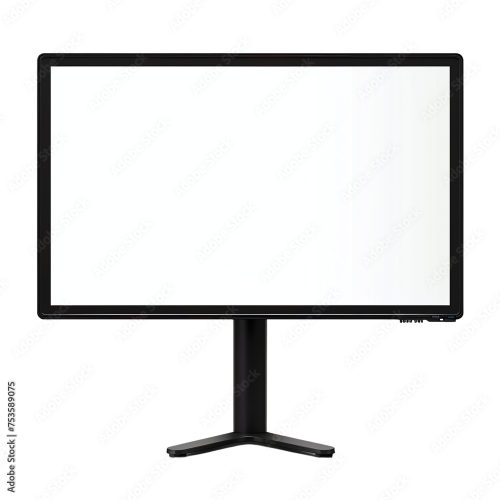 A wide black LCD computer monitor with a blank flat screen sits isolated on a transparent background A wide black LCD computer monitor with a blank flat screen sits isolated on a transparent background