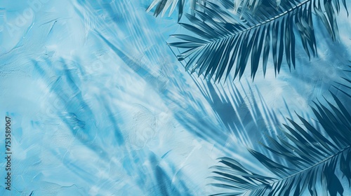 Empty palm shadow blue color texture pattern cement wall background. Used for presentation business nature organic cosmetic products for sale shop online. Summer tropical beach with minimal concept
