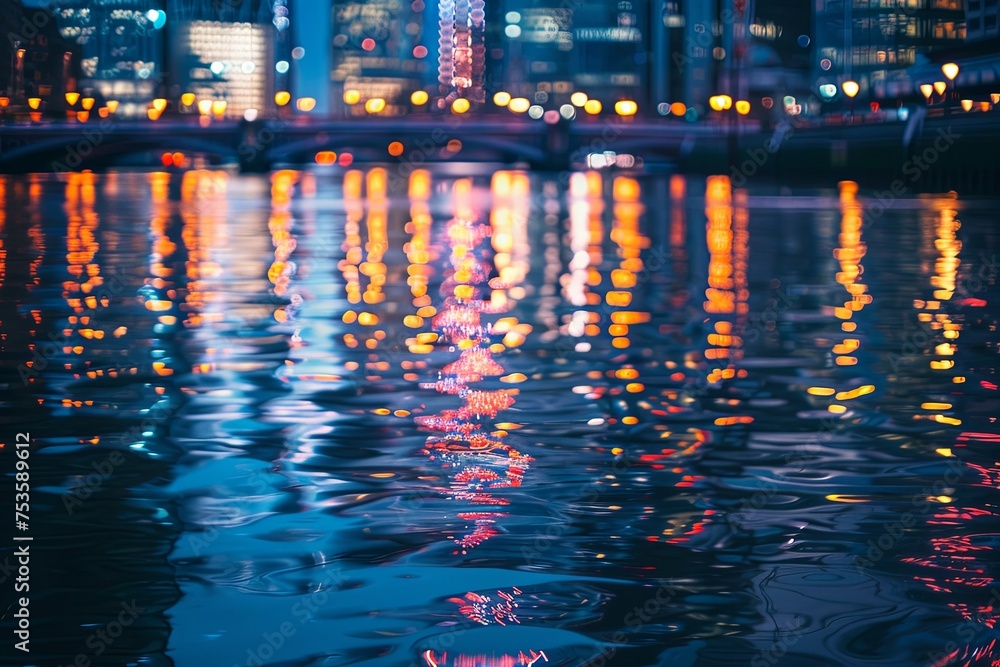 Fototapeta premium A city skyline reflecting on the surface of a vast body of water with buildings and urban structures in the background. Generative AI