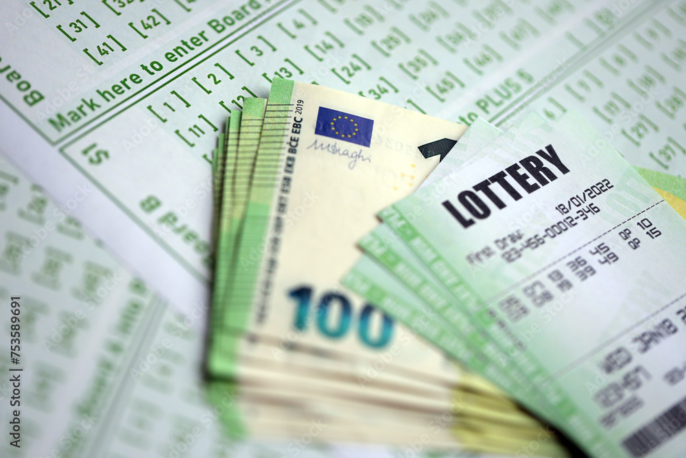 Green lottery tickets and euro money bills on blank with numbers for playing lottery close up