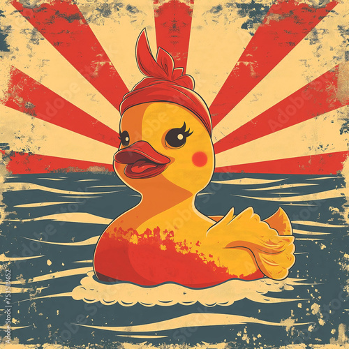 Retro Rubber Duck Against Sunburst Background