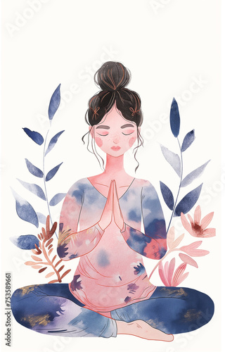 A tranquil illustration depicts a woman in meditation surrounded by peaceful botanicals