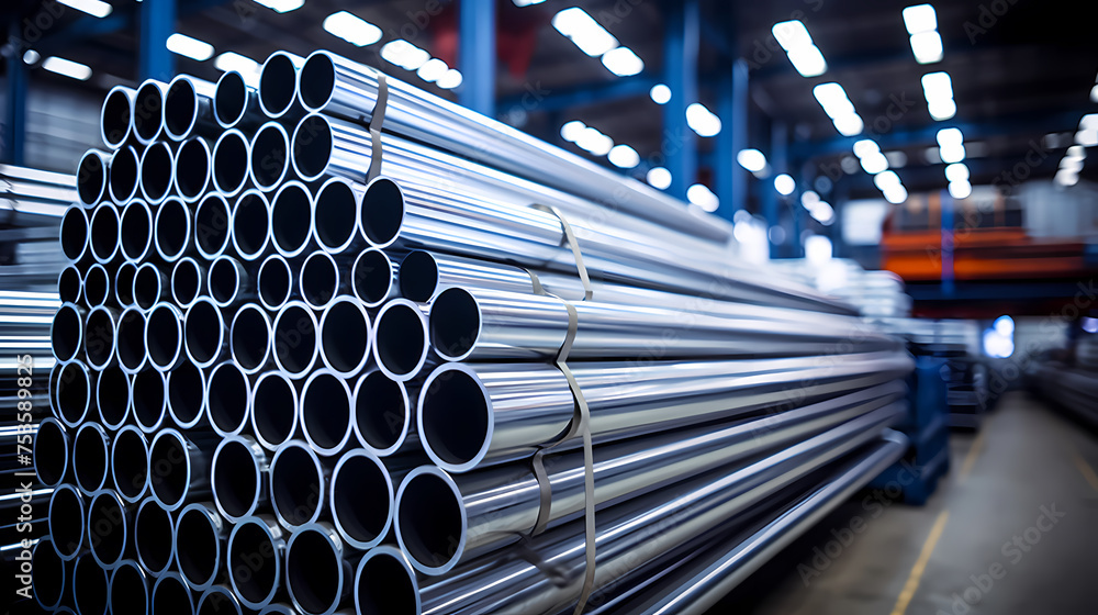 Stack of steel pipes in a metallurgical plant, factory or workshop Stack of steel pipes in a metallurgical plant, factory or workshop
