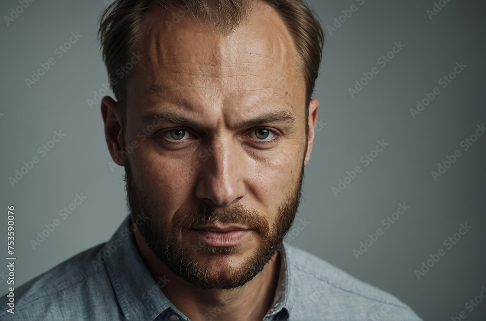 portrait of a man with a serious look, half bald, hair problems portrait of a man with a serious look, half bald, hair problems