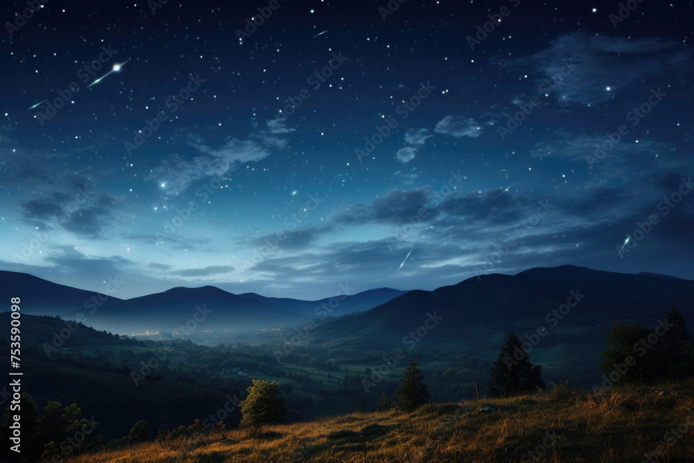 Starry night sky over a serene landscape with visible meteor shower. Stars illuminating the vast night sky create a sense of wonder and the beauty of the cosmos.