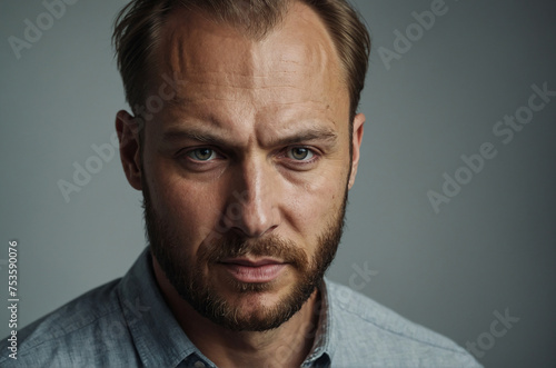 portrait of a man with a serious look, half bald, hair problems
