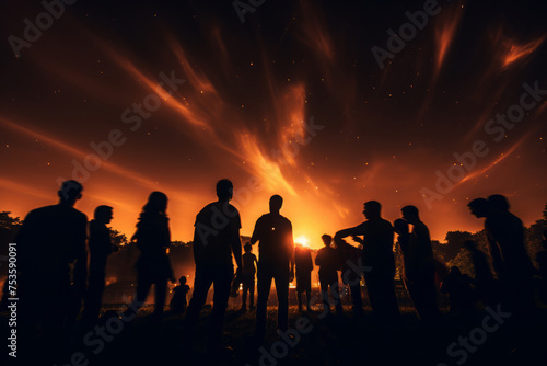 Group of people standing together, silhouetted against the setting sun in the horizon. People have fun at night party