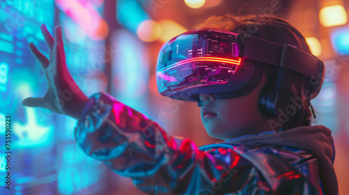 Portrait of little boy wearing VR headset and reaching out while testing augmented technology in school laboratory photo
