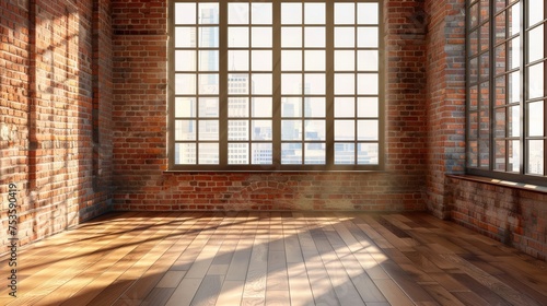 Empty room with big window in loft style. Wooden floor and brick wall in a modern interior.