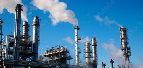 Dense plumes of steam billowing from cooling towers against a clear blue sky in the refinery.
