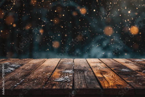 Wooden table in front of blurred background with bokeh effect