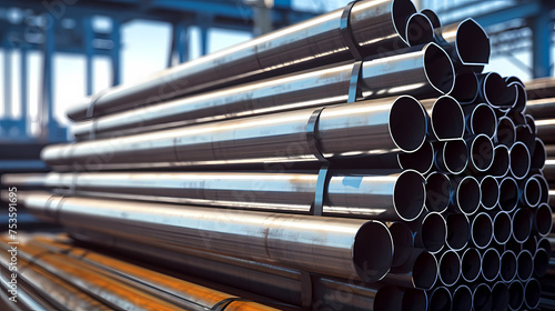 Stack of steel pipes in a metallurgical plant, factory or workshop
