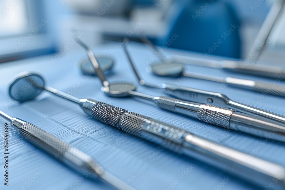 Close-up of dental instruments on a sterile tray in clinic Close-up of dental instruments on a sterile tray in clinic