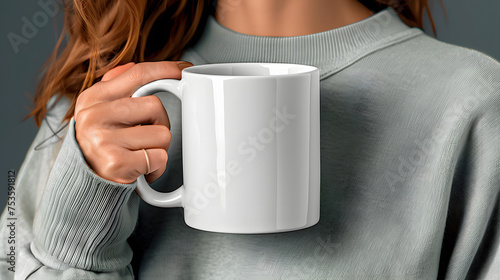 mockup photography of a girl holding a 11 oz white mug close to her chest