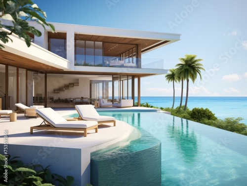 A minimalist beach house with floor-to-ceiling windows overlooking the ocean © Boinah
