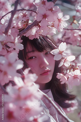 Young woman among pink cherry blossoms. Young Asian woman with a thoughtful expression among vibrant cherry blossoms