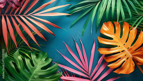Tropical Bliss: Vibrant Colorful Background with Summer Style Tropical Leaves, Perfect for Wallpaper Graphic